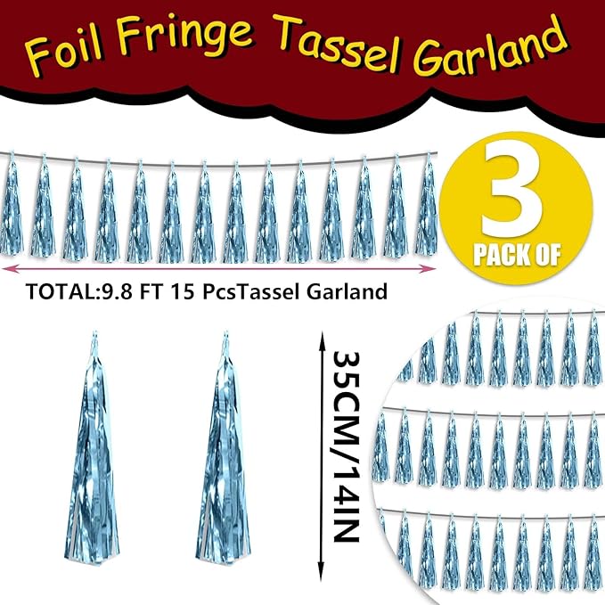 3P Metallic Fringe Tassel Banner Garland Foil Tinsel Streamer Wall Hanging Curtain Backdrop Banner for Parade Floats, Graduation Decorations, Wedding Party Decoration(Light Blue)