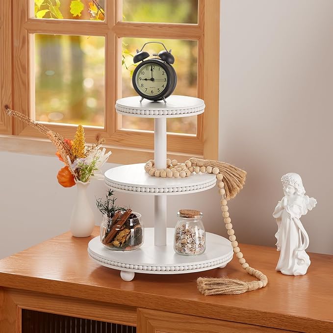 3 Tier Cupcake Stand Round,Wood Cupcake Stand with Beads,Tiered Cake Stand for 24 Cupcakes,Dessert Display Stand,Cupcake Tower for Party, Wedding, Birthday, Home Decor