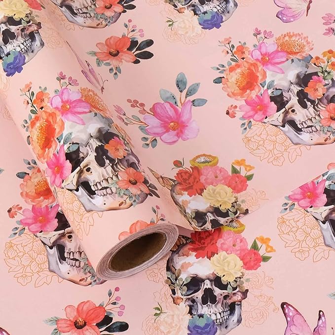 Aimyoo Gothic Wrapping Paper Roll, 17 Inch X 33 Feet Skull Floral Butterfly Design Gift Wrap Paper for Mother's Day, Birthday Bridal Shower