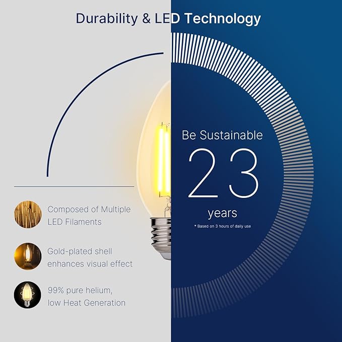 FLSNT 40W Equivalent LED Chandelier Light Bulbs, Dimmable Amber LED B11 E26 Candelabra Base Bulbs, 2200K Warm White, 330LM, 6 Pack UL,CA65 Listed.