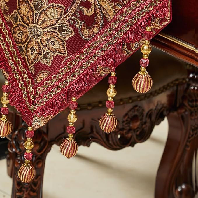 Luxury Vintage Table Runner 120 inches Long Embroidery Jacquard Fabric with Multi-Tassels Table Runners for Dining Room Dresser Wedding Christmas Thanksgiving Party Decorations (Red, 12X120inch)