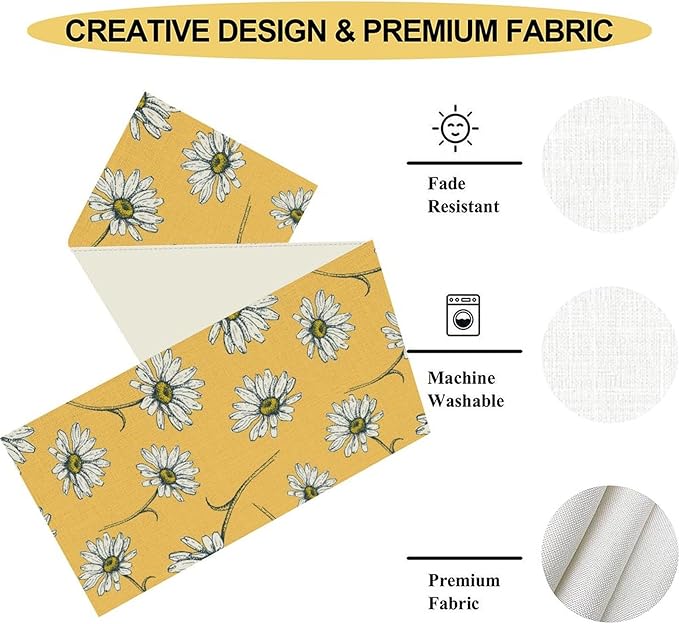 Daisy Floral Table Runner, Farmhouse Spring Seasonal Summer Teal Green White Flower Rustic Abstract Table Center Decor for Home Kitchen Dining Holiday Party Indoor Table Decorations, 13"x36" Inch