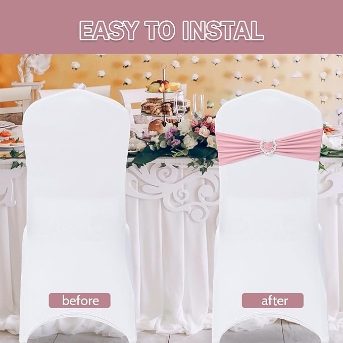 Howhic Pack of 120 Spandex Chair Sashes Bows Stretch Chair Cover Band with Buckle Slider Universal Elastic Chair Ties for Wedding Banquet Party Event Decoration (Dusty Pink)