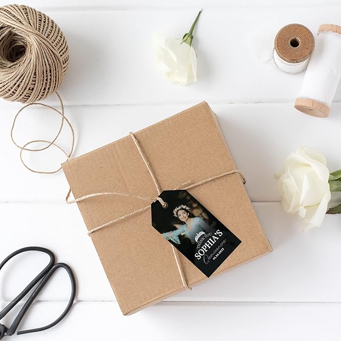 Andaz Press 40-Pack Personalized Quinceañera Favor Tags with String, Classic Thank You Gift Tags with Custom Photo Crown for Quince Años XV 15th Birthday Favor Gifts, Quinceanera Decorations