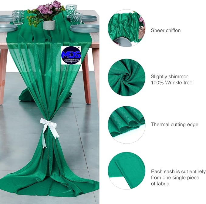MDS Halloween Chiffon Table Runner - 25 Pack, 29 x 170 Inches, 14ft Each - Sheer Spooky Table Runners for Haunted House Parties, Trick-or-Treat Tables, Witchy Décor, Wedding & Events - Emerald Green