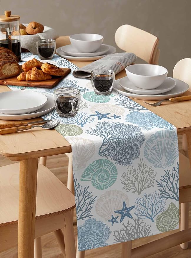 Coastal Coral Cotton Linen Table Runner for Dining Kitchen, Wedding Outdoor Party Tablerunners Decoration, Blue Nautical Starfish Ocean Shell Beach Dresser Scarf Coffee Tablecloth Runners 13x48 Inches