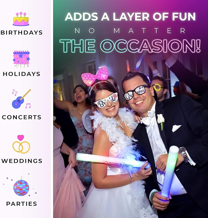 100 Pink Foam Glow Sticks - 16" LED Foam Sticks for Wedding, Parties & Dancing