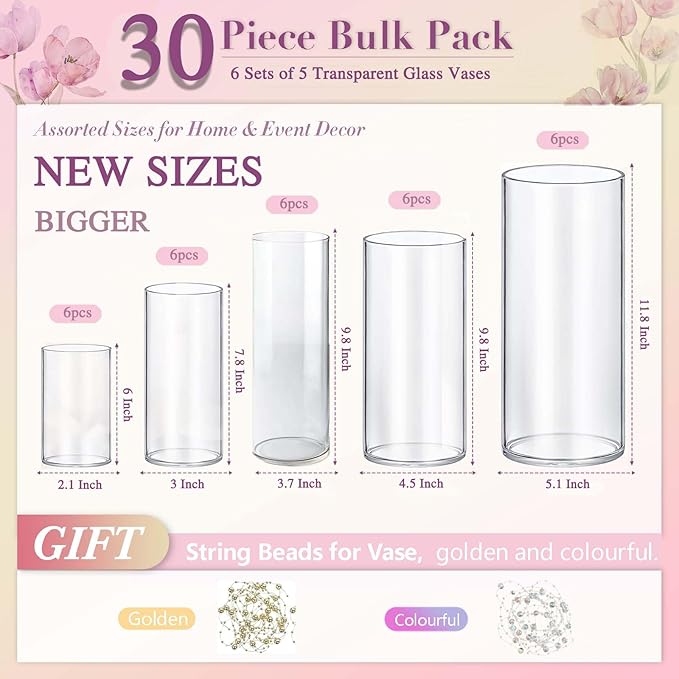 30pcs 11.8Inch Large Size Glass Vase Cylinder for Centerpieces Small Flower Glass Clear Home Decor Centerpiece Table Flower Vase Decorations for Wedding＆Holiday 6,7.9,10,10,11.8Inch Tall