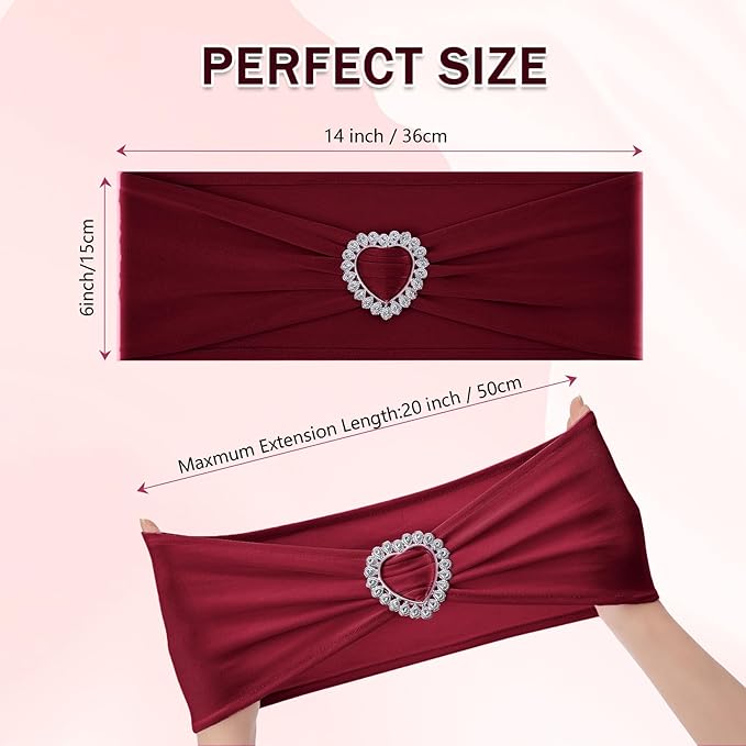 Howhic Pack of 120 Spandex Chair Sashes Bows Stretch Chair Cover Band with Buckle Slider Universal Elastic Chair Ties for Wedding Banquet Party Event Decoration (Burgundy)
