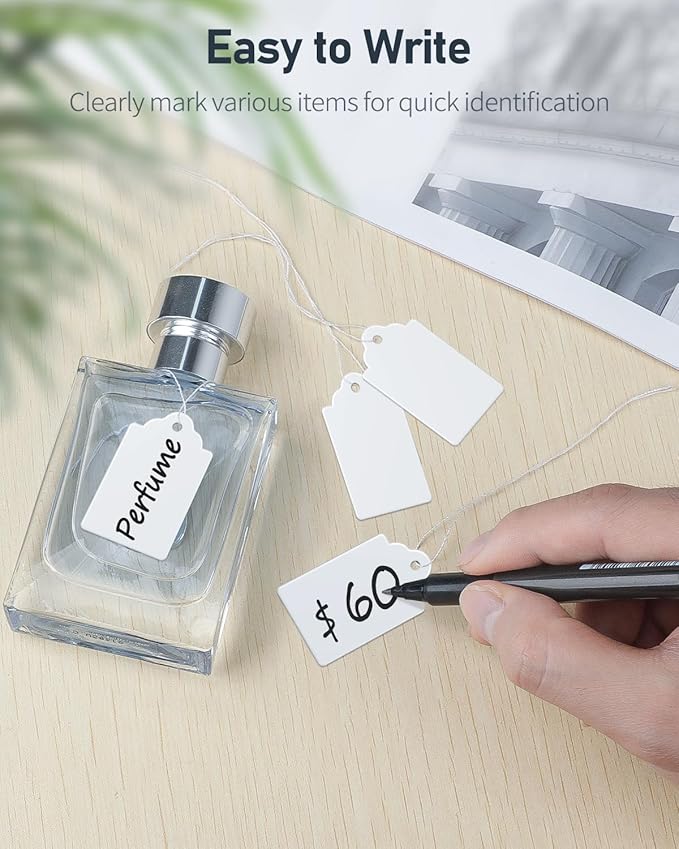 Uniclife 1000 Pcs Price Tags 1.8 Inch Writable Price Labels White Price Display Tags for Pricing Clothing Jewelry Gifts Blank Hang Tags Merchandise White Marking Tags with Strings, 1.8" x 1.05"