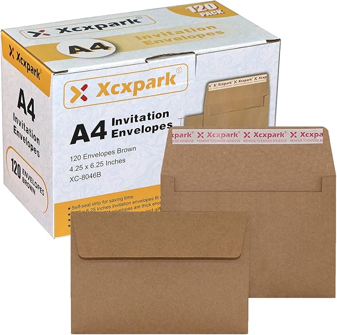 120 Qty Printable A4 Invitation Envelopes 4.25 x 6.25 Cards, Self Seal 120GSM Brown Paper Envelopes for Invitations, Papers, Photos, Documents, Wedding, Baby Shower, Easy to Seal and Peel