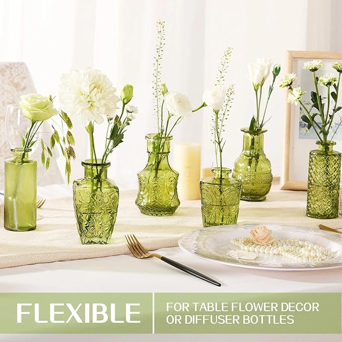 Mini Bud Vases As Wedding Centerpieces for Tables,Clear Bud Vases for Flowers,Small Flower Vases Suitable for Birthday Party,Anniversary,Wedding Reception,Baby Shower (Green, 12PCS)