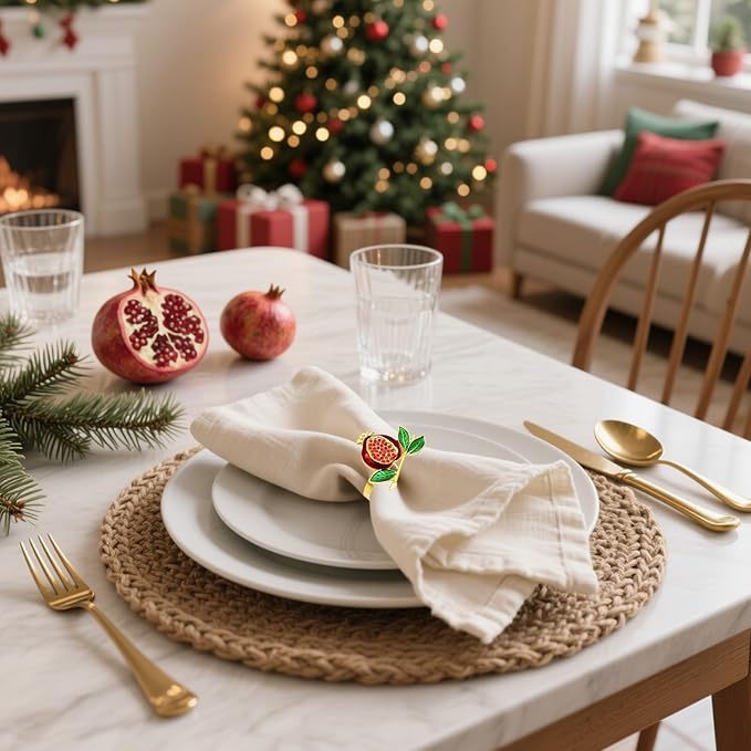 Christmas Pomegranate Napkin Rings set of 6 Red Fruit Napkin Rings for Thanksgiving New Year Dinner Decor,Gold Fall Napkin Ring Holders for Beach Wedding Garden Party Home Daily Table Setting