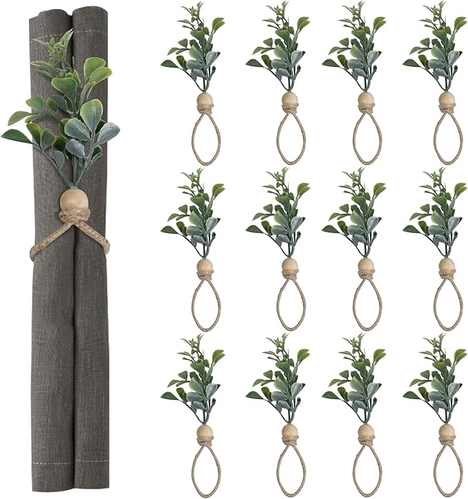 MAOANME Napkin Rings Set of 12, Rustic Eucalyptus Napkin Holder Rings with Wood Bead, Farmhouse Green Leaf Napkin Ring Bulk, Boho Napkin Ring for Wedding, Table Decor