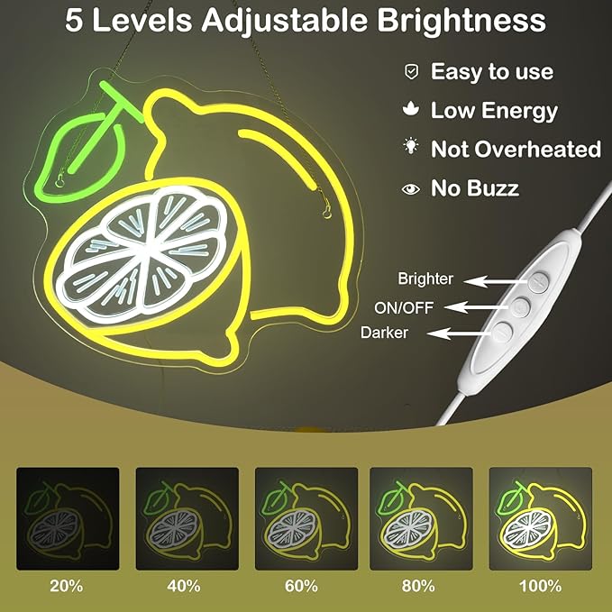 Lemon Cocktail Neon Sign – Yellow & Green LED Wall Light with Citrus Slice and Drink Glass – Summer Party, Bar, Kitchen, and Home Décor