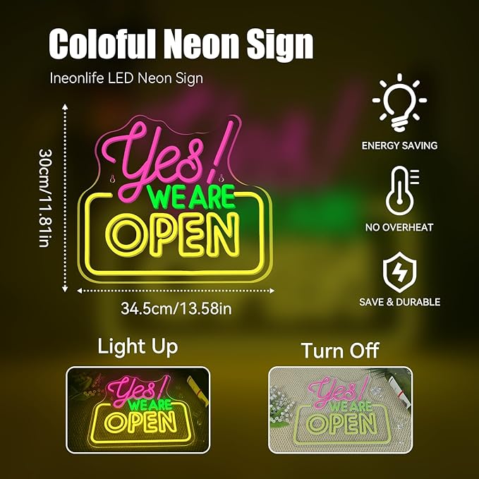 Ineonlife Open Neon Sign Light Up for Wall Decor Yes We Are Open Led Sign for business Acrylic Decoration for bar coffee shop restaurant cafe club party man cave Decorations 13.58x11.81 inch USB POWER