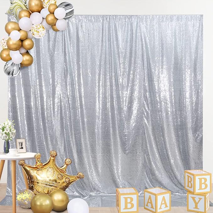 SquarePie Sequin Backdrop Not See Through Thick Stain Background for Photography Glitter Curtain Party 10FT x 10FT Silver