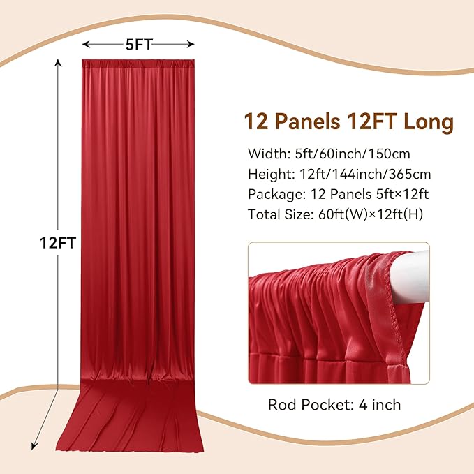 60×14ft Wrinkle Free Red Backdrop Curtain, Soft Silky Easy to Drape Wedding Drapes for Backdrop, 12 Panels 5×14ft Photo Back Drop Curtains for Parties Birthday Photography Background Cloth