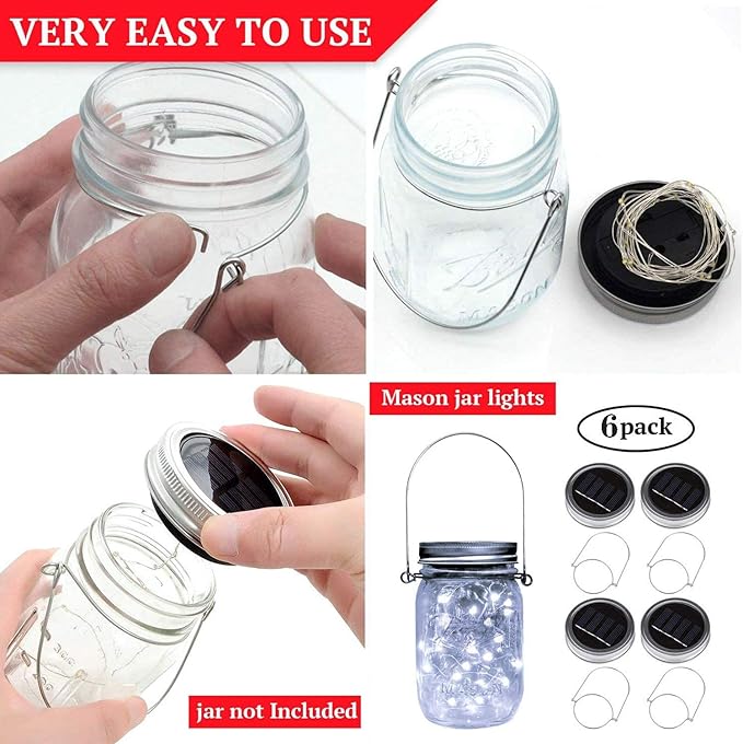 VOOKRY 6 Pack Solar Mason Jar Lights, 30 LED Mason Jar Lids Waterproof Firefly Fairy String Lights with 6 Hangers(No Jars), for Outdoor Patio Garden Yard Lawn Party Wedding Decoration - Cool White