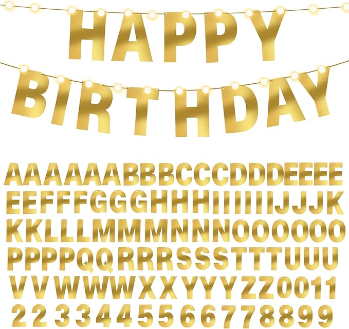 TaoBary 112 Pcs DIY Letter Kit Glitter Customizable Banner Letters Include 107 Letters and Numbers 3 Rope and 2 Needles for Birthday Halloween Christmas Wedding Valentine Party Decor(Bright Gold)