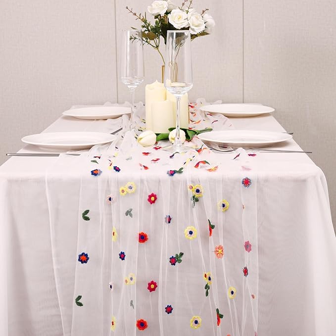 Lvory Floral Table Runner 10 FT, Embroidery Daisy Table Runners Seasonal Sheer Tulle Table Runner for Thanksgiving Wedding Birthday Baby Shower Party ﻿
