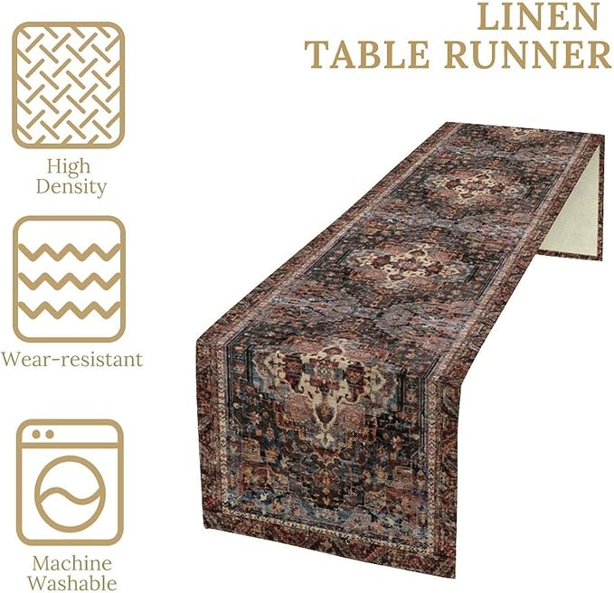 Vintage Boho Floral Table Runner, Rustic Country Farmhouse Black Bohemia Flower Pattern for Home Kitchen Table Decor Dining Coffee Room Party Decor 13x60in