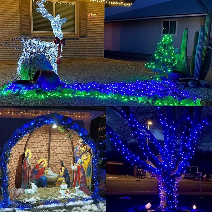 YEGUO 165ft 500 LED Blue Christmas Lights Outdoor Waterproof, Green Wire String Lights Indoor, 8 Modes Twinkle Tree Lights Plug in with Memory Timer for Holiday Festival Xmas