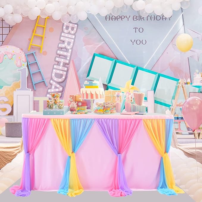 9ft Unicorn Tulle Table Skirt for Rectangle Tables or Round Tables Tutu Rainbow Tablecloth for Birthday Party Baby Shower Girl Boy Wedding Party Dessert Buffet Banquet Table Decorations