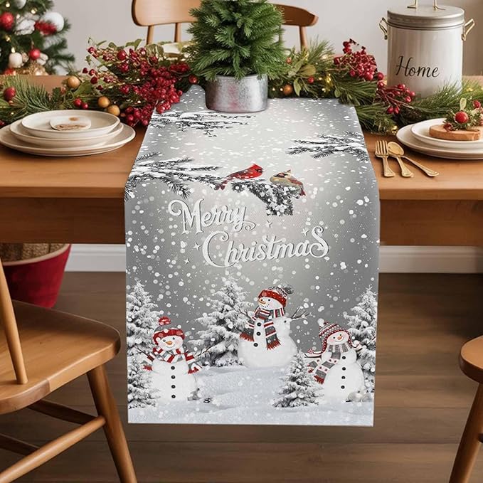 Christmas Snowman Cotton Linen Table Runner for Dining Kitchen, Snowflakes Xmas Pine Tree Wedding Outdoor Party Tablerunner Decoration Winter Bird Dresser Scarf Coffee Tablecloth Runners 13x72 Inches