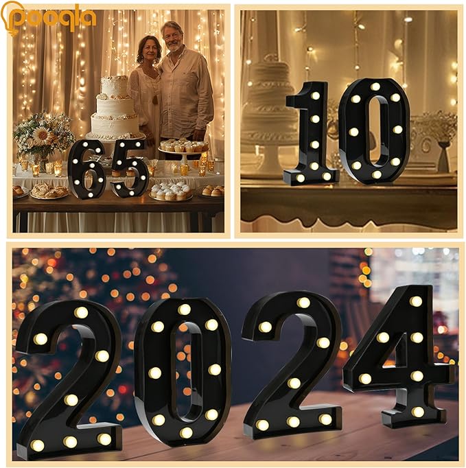 Pooqla Decorative Led Light Up Number Letters, Black Plastic Marquee Number Lights Sign for 16th Birthday Party Wedding Decor Battery Operated Black Decoration 16