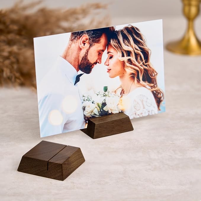 UNIQOOO 12 Pack Trapezoid Walnut Wood Stand |1.2mm Slot for Cardstock, Wedding Table Numbers Holders, Photo Holder, Photo Display Stand for Event Decor, Retail Shop, Cafe Restaurant Menu, Business Card, Name Tag