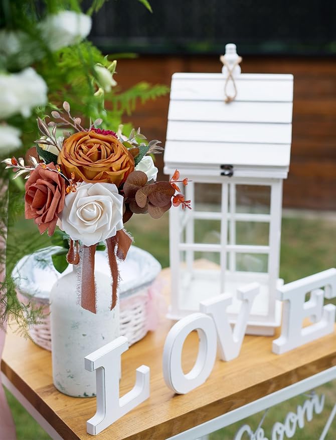 CherishedMoments Set of 6 Assorted Flower Centerpieces Mini Floral Wedding Flowers Set for Fall Wedding Table Centerpieces Decoration, Burnt Orange Bouquets and Home Decor