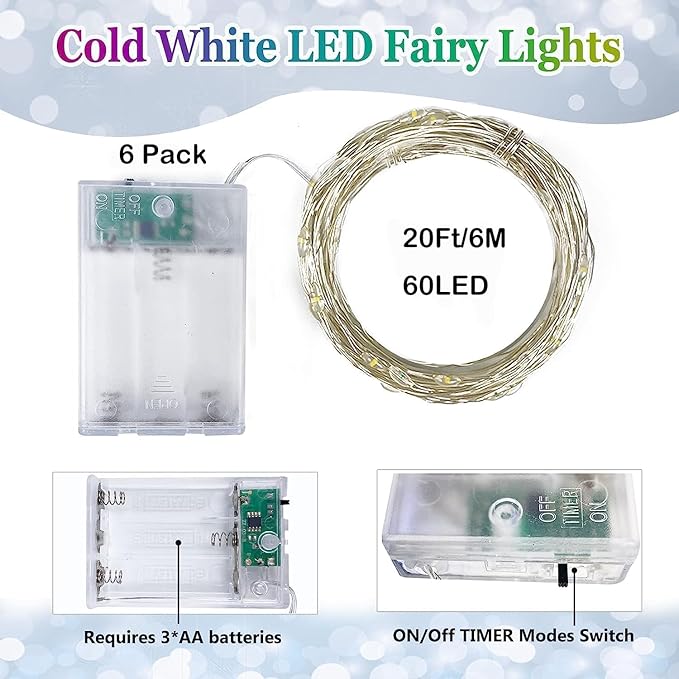 6 Pack Fairy Lights Battery Operated with Timer, Each 20FT 60LED Christmas String Lights Outdoor Indoor, Cuttable Battery Twinkle Light for Bedroom Home Wedding DIY Christmas Decorations (Cool White)