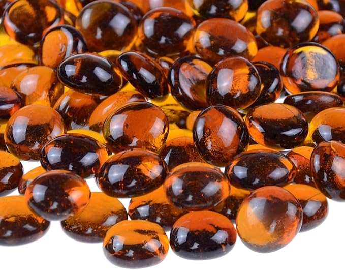 KINGOU Flat Glass Gems/Marbles/Stones/Beads for Vase Filler, Table Scatter, Games - 1 Lbs (17-19mm, Approx. 3/4")-Amber