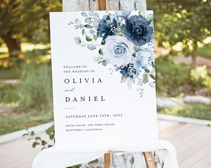 Welcome Wedding Sign Personalized, Elegant Light Blue Rose Wedding Sign Decorations Signage 12" X 18" (Small), 27" (Medium), 36" (Large), Plastic, Modern, Pole Mount, Weather