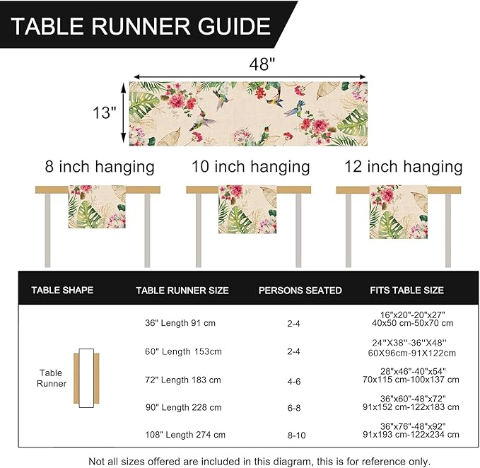 Seliem Summer Tropical Hummingbird Palm Leaf Greenery Table Runner, Spring Birds Home Kitchen Monstera Geranium Flowers Dining Decor, Seasonal Burlap Decorations Anniversary Party Supply 13 x 48 Inch