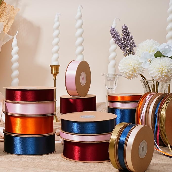 LaRibbons Burgundy Satin Ribbon 1 Inch 50 Yards Luxury Double Faced Red Silk Ribbon for Flower Bouquet Crafts Gift Wrapping Wedding Bow Christmas Decoration