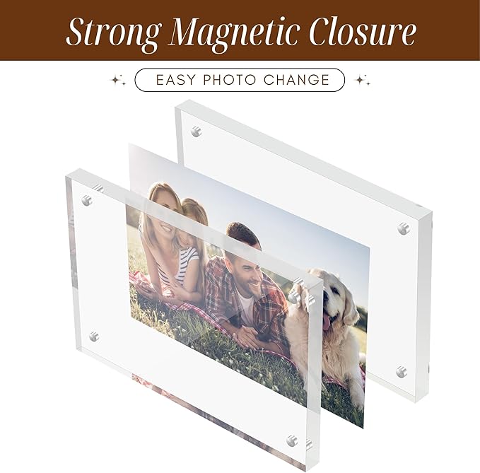 CATIFLIN 4x6 Magnetic Acrylic Frames 2 Pack, Double Sided Clear Frameless Picture Frame Blocks, 20mm Thick Photo Frames Free Standing Display for Family Photos, Certificates, Office, Artwork
