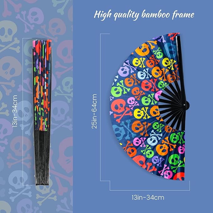 SYNTECSO Folding Hand Fan for Rave, UV Glow Fan, Large Bamboo Fan for Drag Queen, Women and Men Gift，Chinese Japanese Clack Fan for Parties, Music Festivals, EDM and Decoration