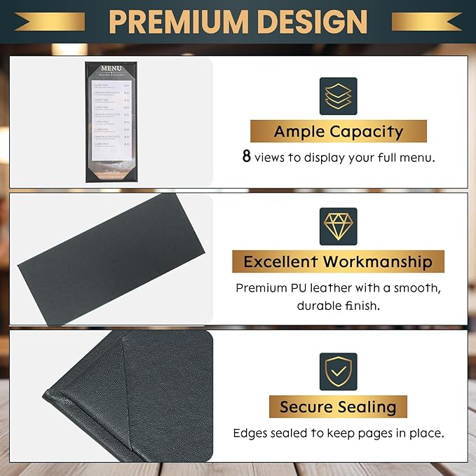 12 Pack 1 View Menu Holder Menu Covers 4.25" x 11" | Black Leather Menu Sleeves Book Style for Restaurant Coffee Bars Wine List