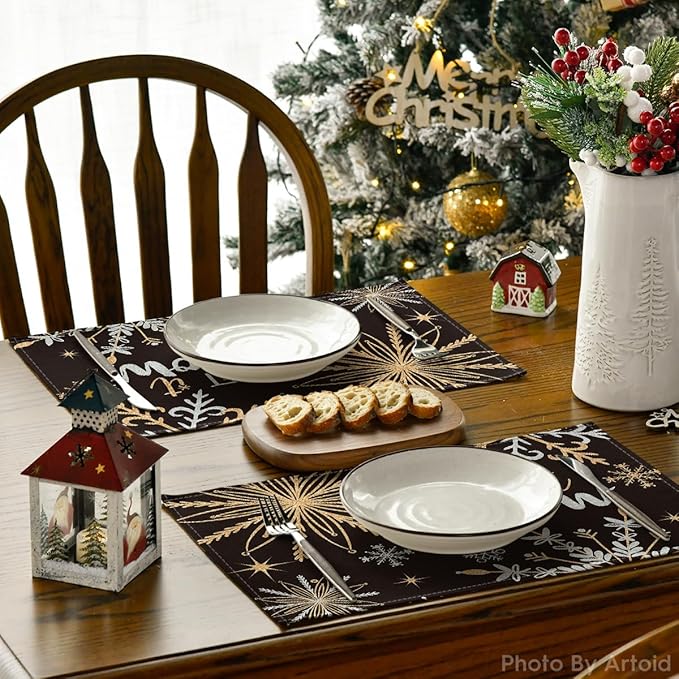 Artoid Mode Black Snowflake Let It Snow Winter Placemats Set of 6, 12x18 Inch Seasonal Christmas Table Mats for Party Kitchen Dining Decoration