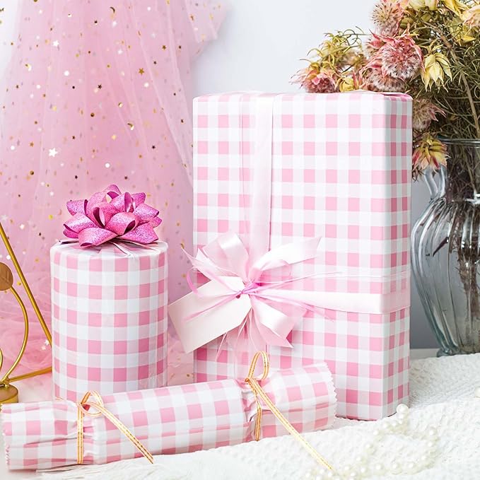 Burymento Pink Checkerboard Wrapping Paper, Gift Wrap for Birthday, Valentines, Mothers day, Graduation, Wedding, Fathers day, Baby Shower, Christmas (17in x 32.8ft)