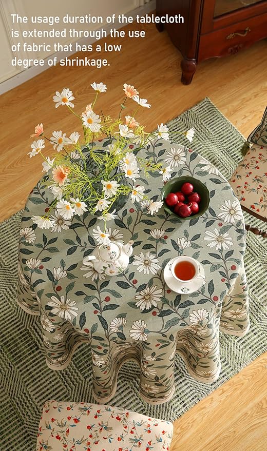ISAENNE Designer Green Linen Round Tablecloth,Floral French Country Indoor Table Cloth,Stain Resistant Home Decor Tablecloths for Dining Kitchen Thanksgiving Christmas Party,67"*67"-Brune