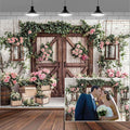 8x6ft Country Wedding Photography Backdrop Floral Rustic Roses Farmhouse Wooden Door Backdrop Pink Flower Birthday Baby Shower Wedding Bridal Party Banner Photo Booth Props Anniversary Background