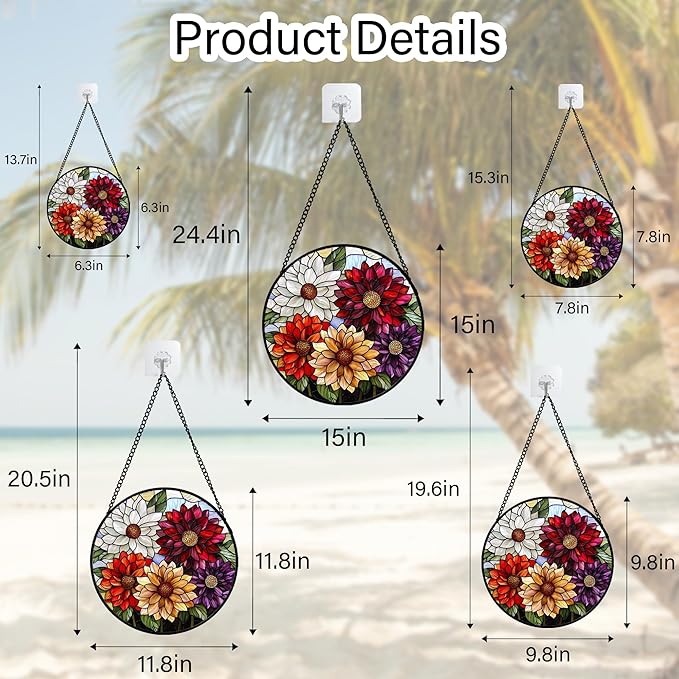 Stained Glass Window Hanging, Colorful Flowers Sun Catcher for Window Door Home Decor Plant Suncatcher Christmas Mother's Day Birthday Gifts for Women Men Mom and Nana 9.8 in