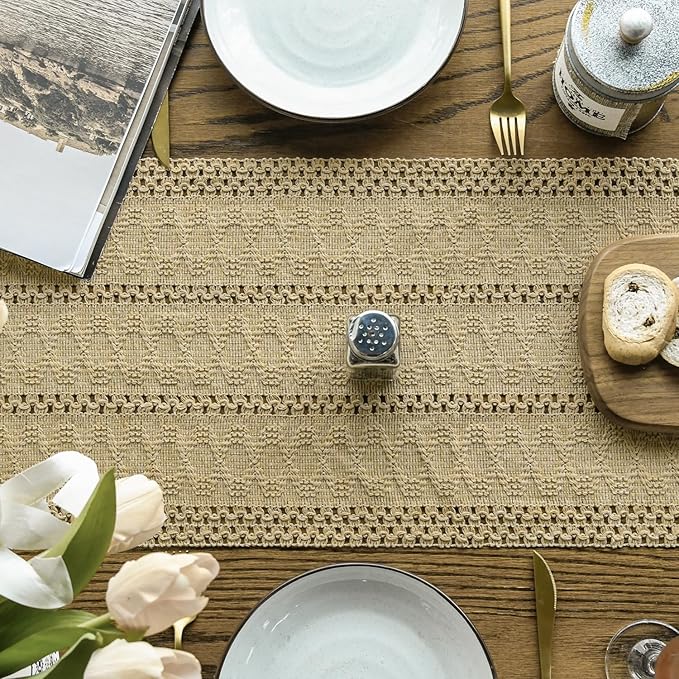 Artoid Mode Burlap Brown Farmhouse Woven Rustic Hollow Table Runner, Seasonal Holiday Hollow Kitchen Dining Table Decoration for Home Party Decor 12x108 Inch