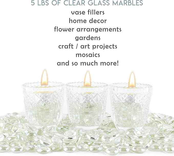 Galashield Flat Glass Marbles for Vases Clear Glass Gems Beads Pebbles Vase Filler (1 LB, Approx. 105 PCS)
