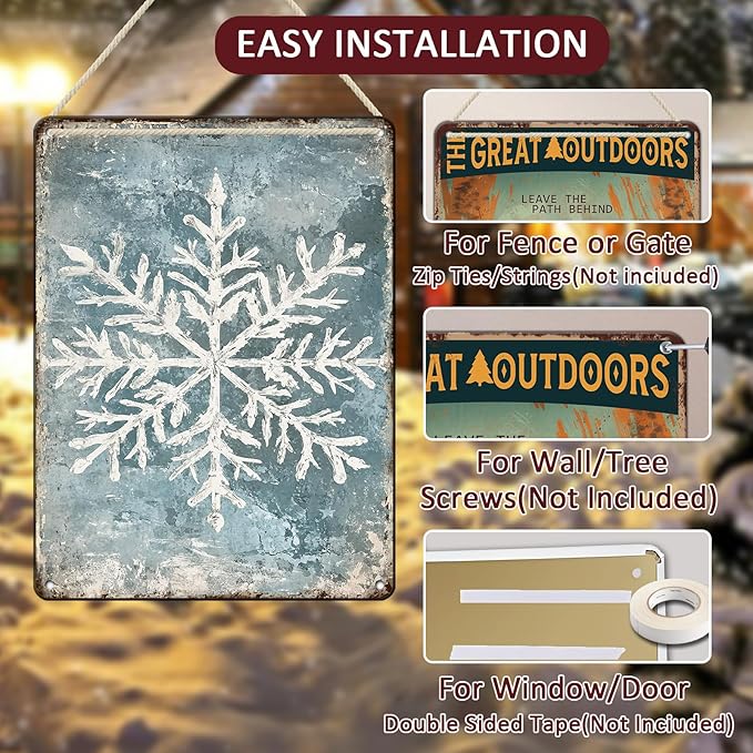 Vintage Christmas Tin Sign - Winter Snowflakes Metal Tin Sign - Wall Decor Sign for Outdoor Snowflake Christmas Decoration - 12x16Inch