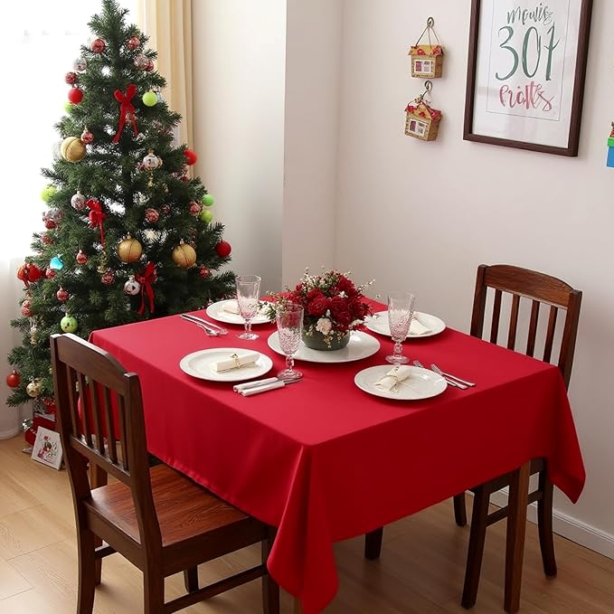 sancua Christmas Red Square Tablecloths 85x85 Inch - Fabric Table Cloth for Square or Round Tables, Washable Polyester Table Cover for Dinner, Holiday Party, Decorative Display Tables