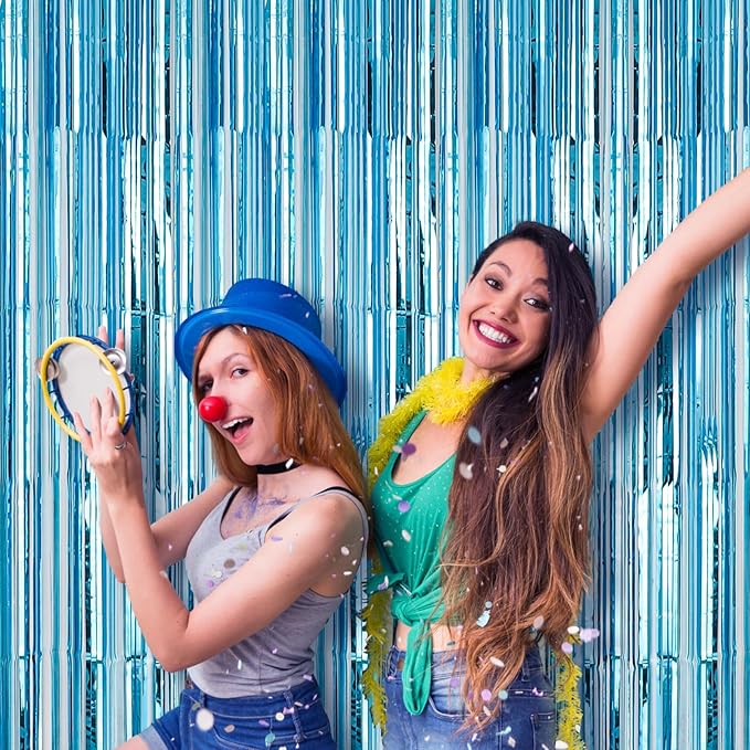 4 Pack 3.3x8.2 Feet Light Blue Foil Fringe Backdrop Curtains, Tinsel Streamers Birthday Party Decorations, Fringe Backdrop for Graduation, Baby Shower, Gender Reveal, Disco Party